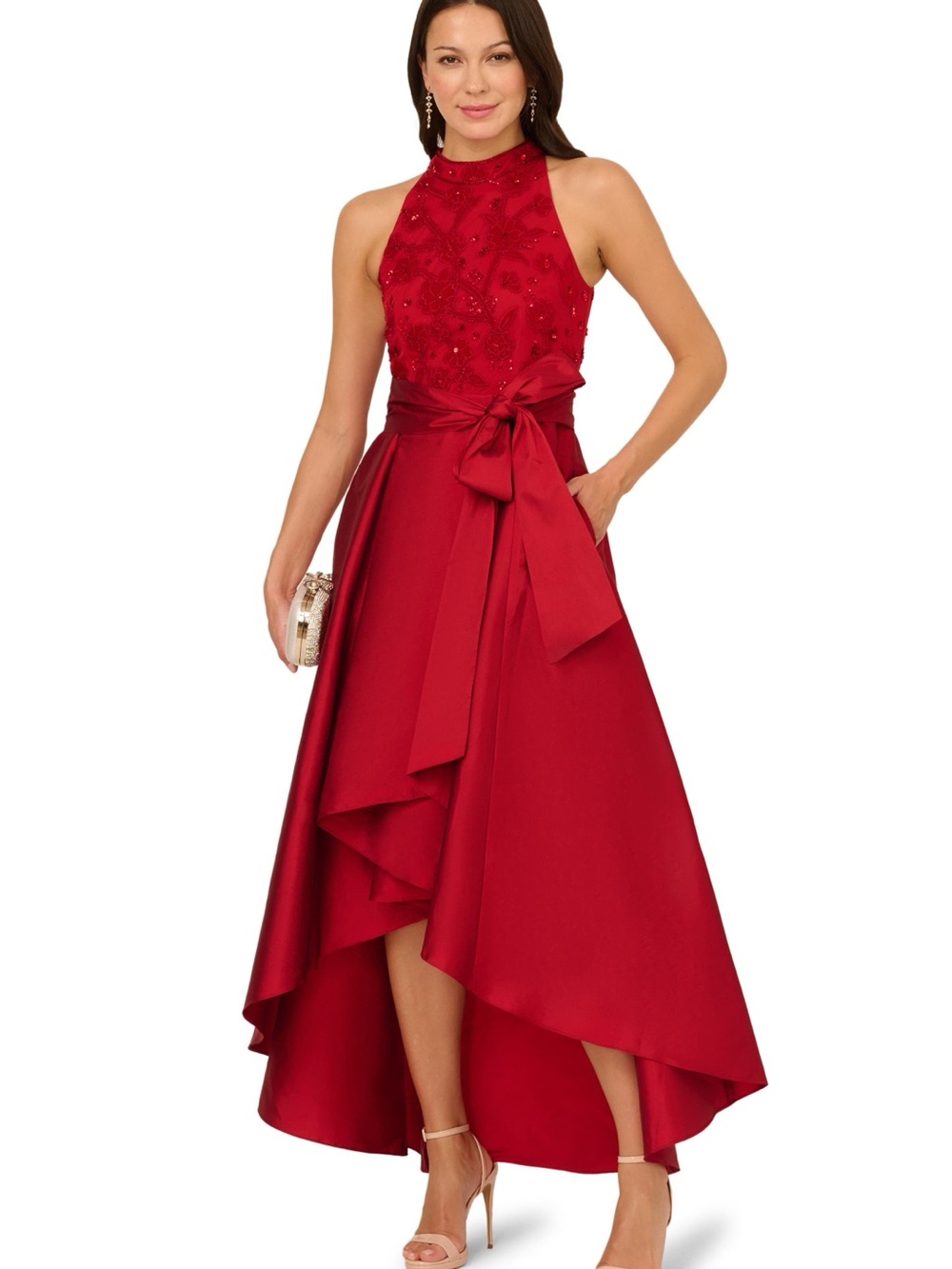 Adrianna Papell Ruby Red Beaded Halter High-Low Gown with Waist Bow